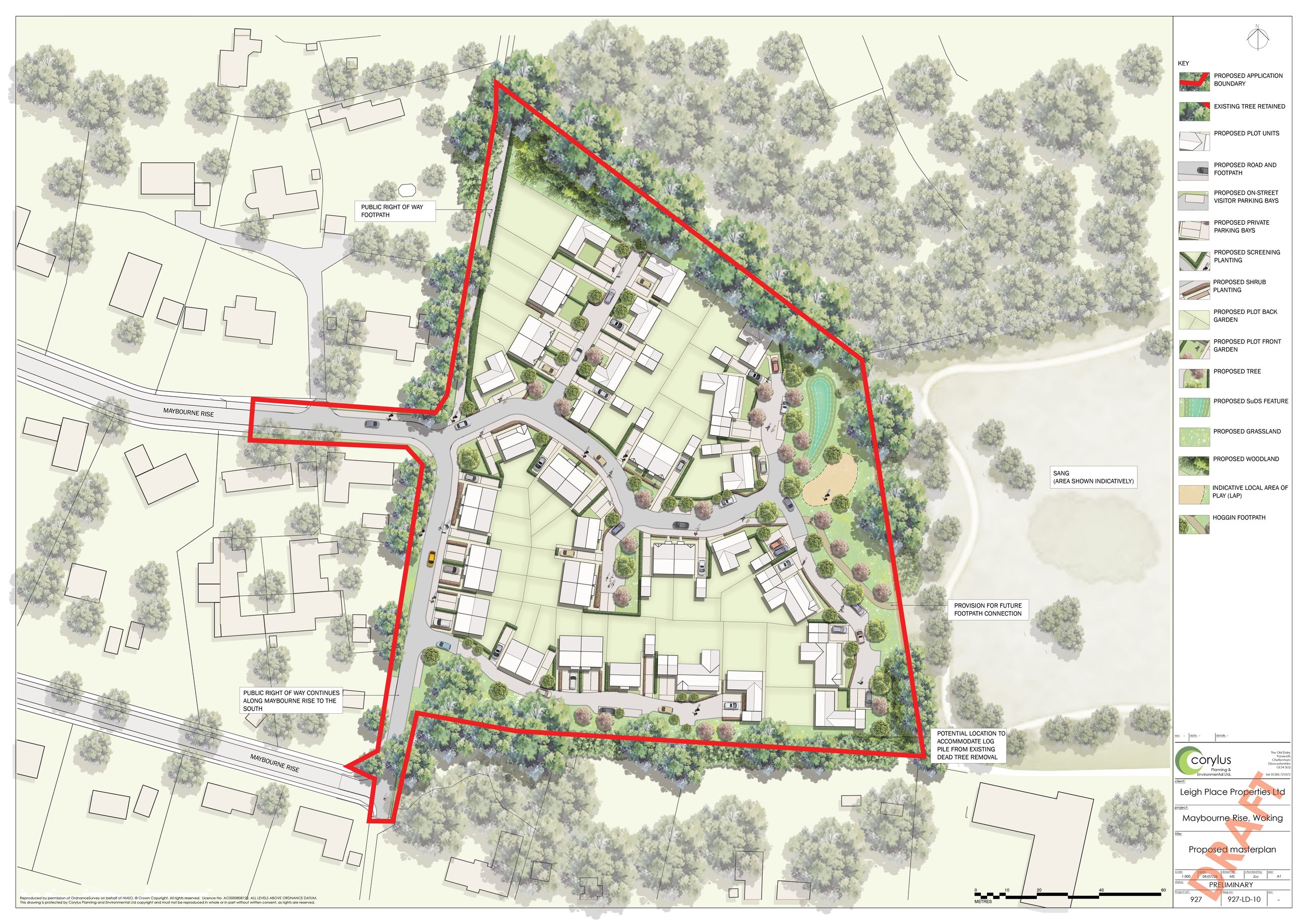 Draft masterplan showing the proposed layout of homes, roads, planting and green space at Maybourne Rise